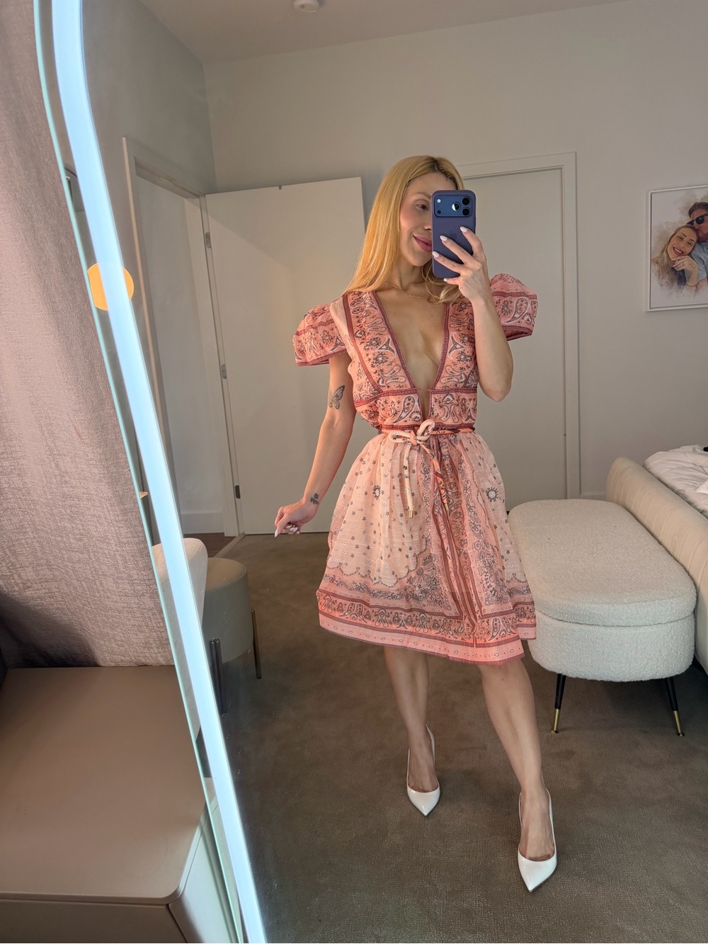Deep V-Neck Pink Paisley Fit & Flare Dress